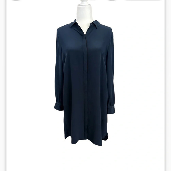 Cuyana Dresses & Skirts - Cuyana 100% Silk Shirt Button Down Long Sleeve Dress Navy size M like new